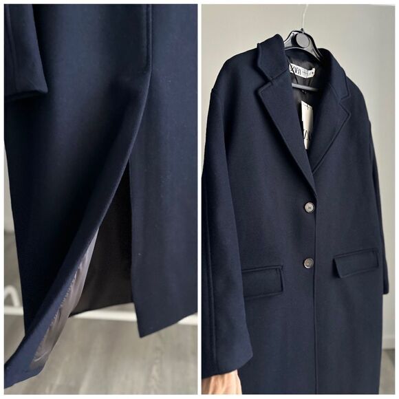Zara 51% Wool Blend Oversized Runs Big Wide Cut Coat Navy New Lined - Picture 2 of 3